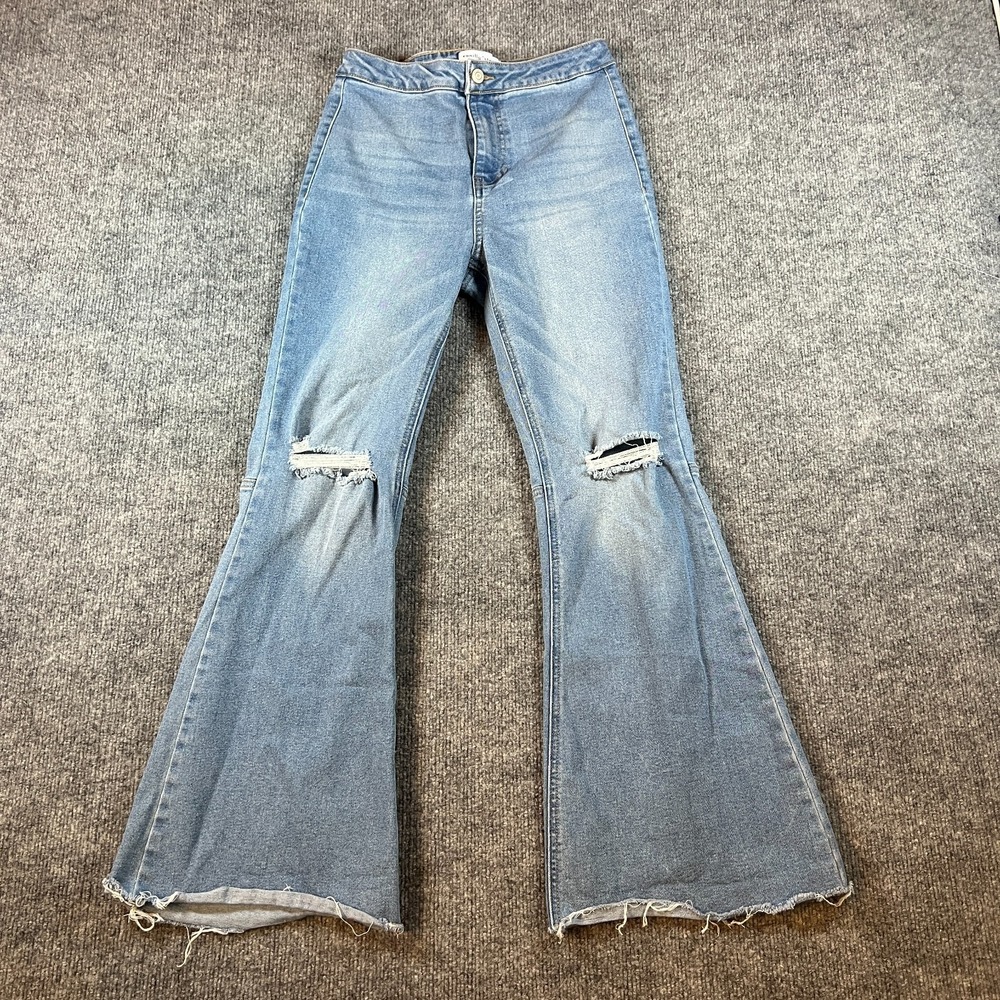 Vanilla Star Flare Jeans Women 5 Blue Whiskered Denim Raw Hem Stretch Distressed